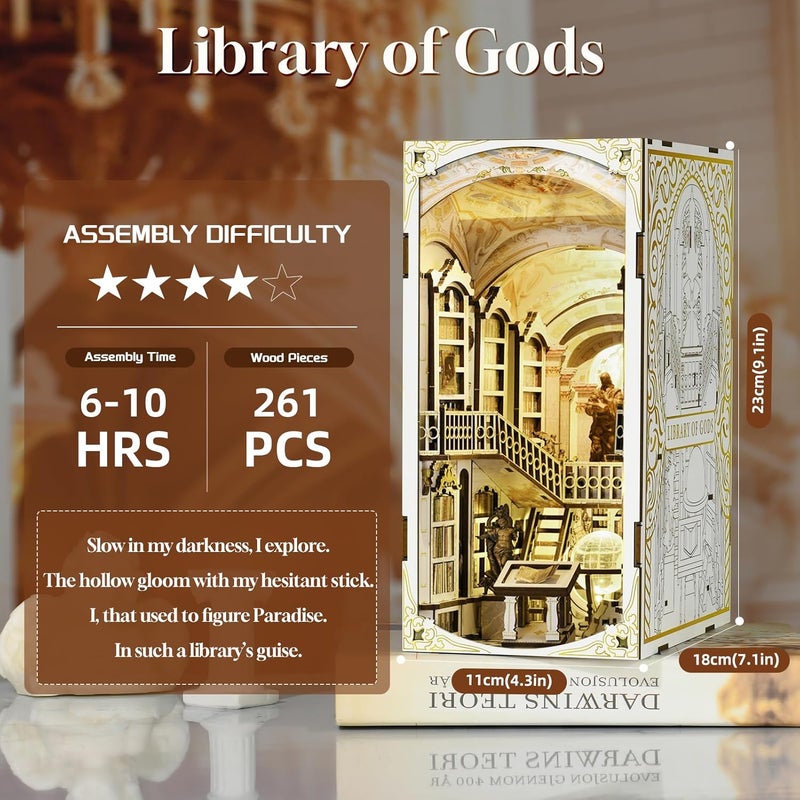 MiniCity Book Nook Kit, DIY Miniature Dollhouse Booknook Kit, 3D Wooden Puzzle Bookend Bookshelf Insert Decor with LED Light for Teens and Adults (Library of Gods) - Image 2